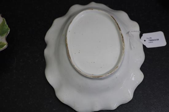A pair of Chelsea botanical vine leaf dishes, c.1755 and a a pair of similar Bow dishes, c.1758, W. 21.5cm and 26cm, one Bow dish repai
